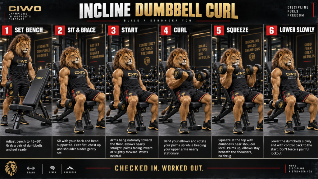 Six-step CIWO guide demonstrating proper Incline Dumbbell Curl form