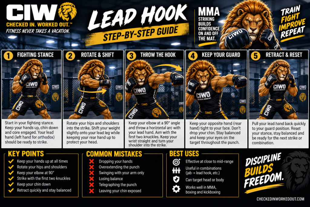 CIWO Lead Hook step-by-step MMA striking guide with RIPP demonstrating stance, rotation, hook path, guard and reset