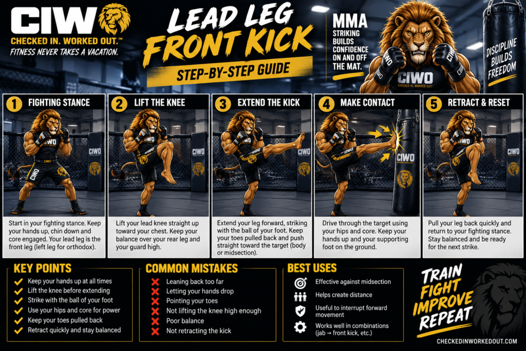 CIWO Lead Leg Front Kick step-by-step MMA kicking guide with RIPP demonstrating stance, chamber, extension, contact and reset