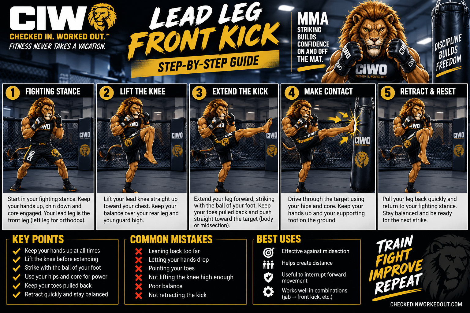 CIWO Lead Leg Front Kick step-by-step MMA kicking guide with RIPP demonstrating stance, chamber, extension, contact and reset