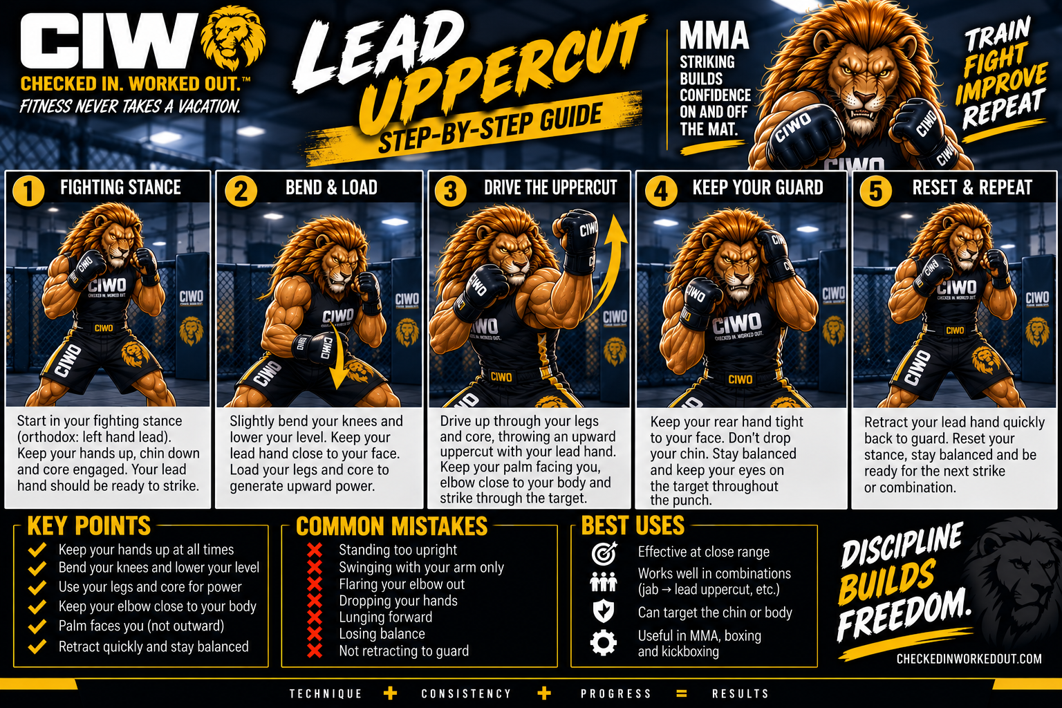 CIWO Lead Uppercut step-by-step MMA striking guide with RIPP demonstrating stance, level change, upward punch, guard and reset