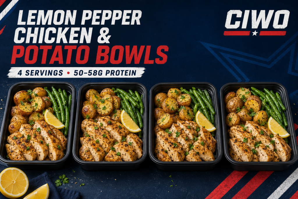 Four CIWO Lemon Pepper Chicken and Potato Bowls with green beans and lemon wedges