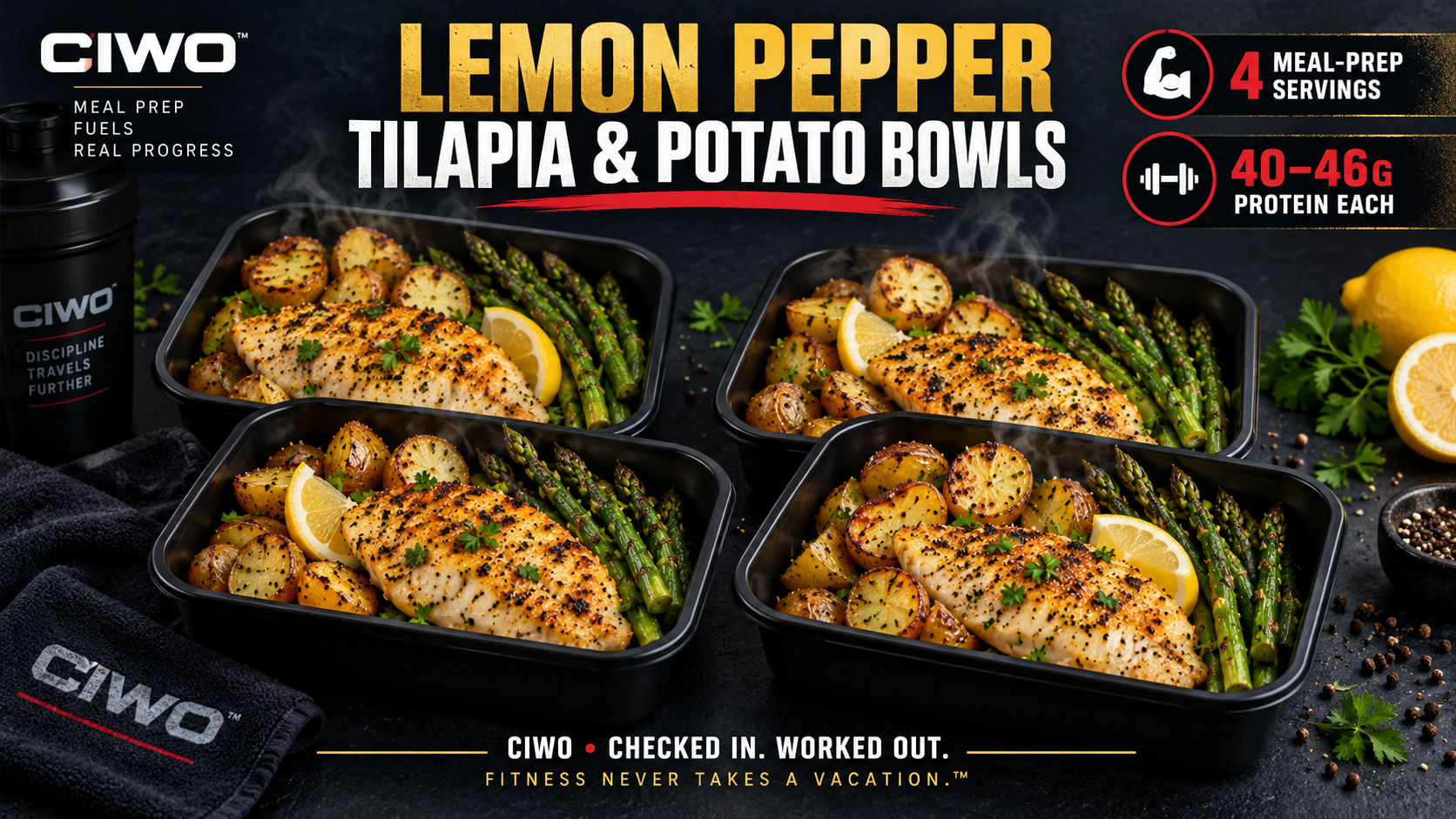 Four CIWO Lemon Pepper Tilapia and Potato Bowls with roasted asparagus and lemon wedges