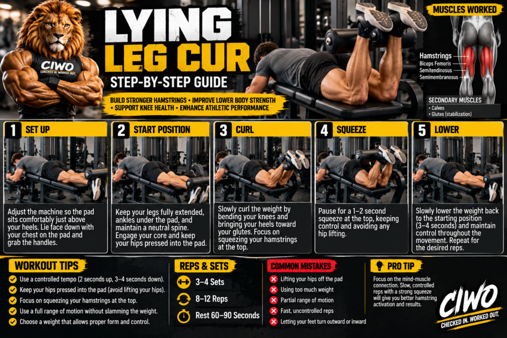 Human athlete demonstrating lying leg curl machine form in a CIWO step-by-step workout guide