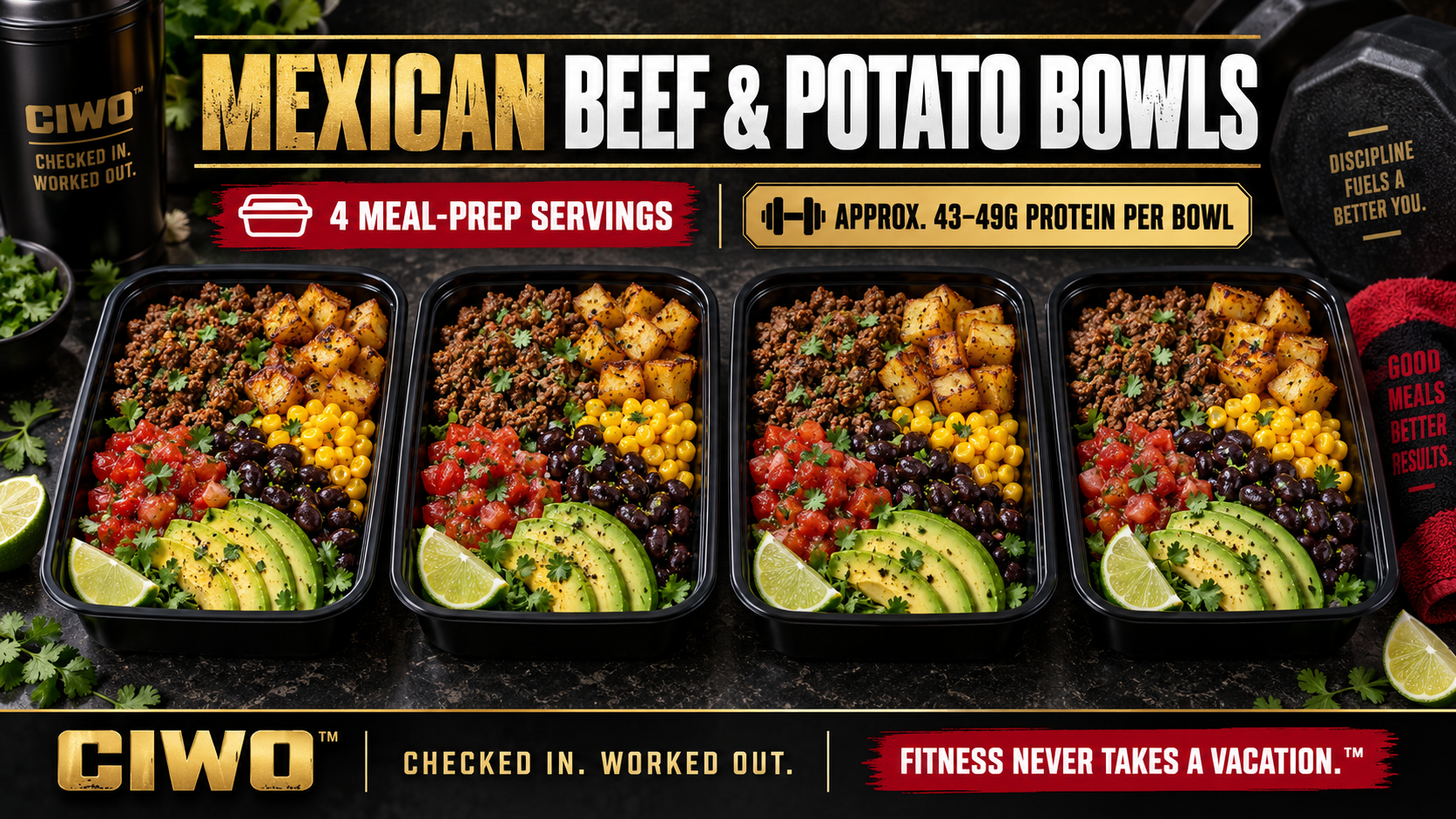 Four CIWO Mexican Beef and Potato Bowls with lean beef, roasted potatoes, corn, black beans, salsa and avocado
