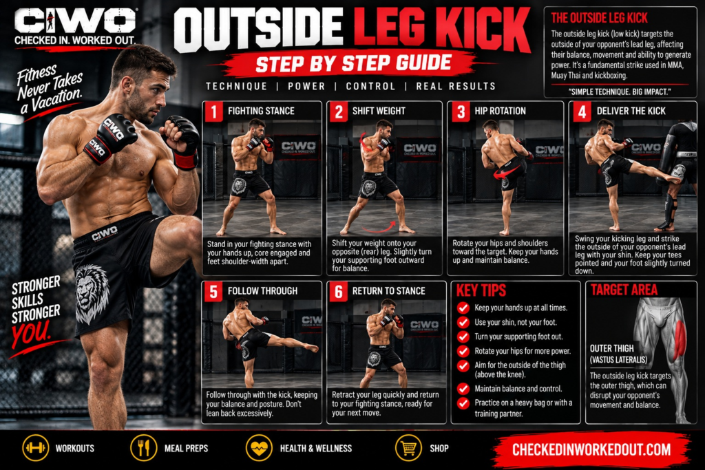 CIWO outside leg kick step-by-step guide featuring a real human MMA athlete demonstrating stance, pivot, hip rotation, controlled pad contact and return to guard