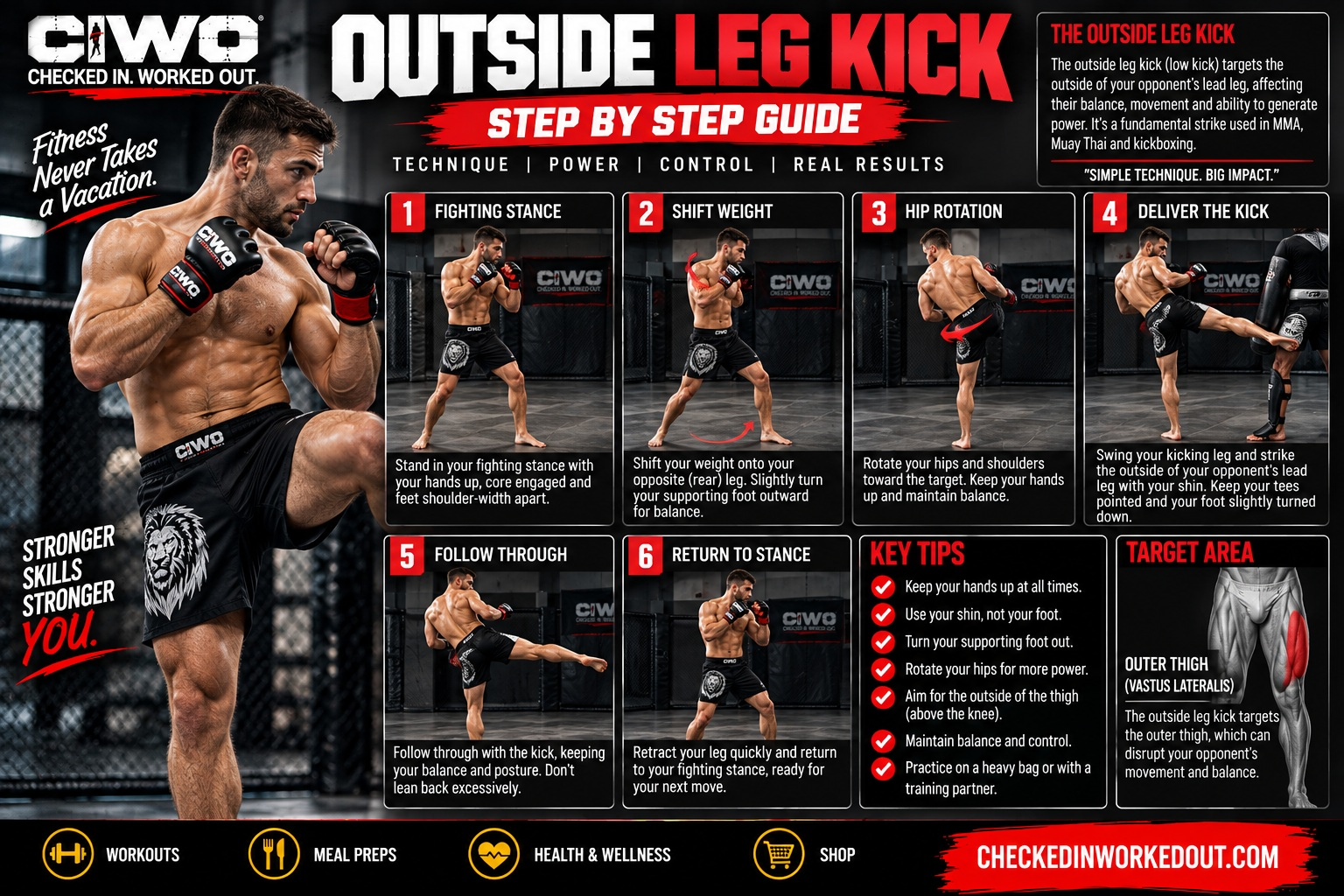 CIWO outside leg kick step-by-step guide featuring a real human MMA athlete demonstrating stance, pivot, hip rotation, controlled pad contact and return to guard