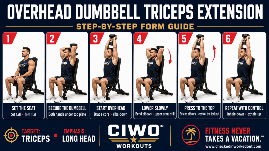 Six-step CIWO guide demonstrating proper Overhead Dumbbell Triceps Extension form
