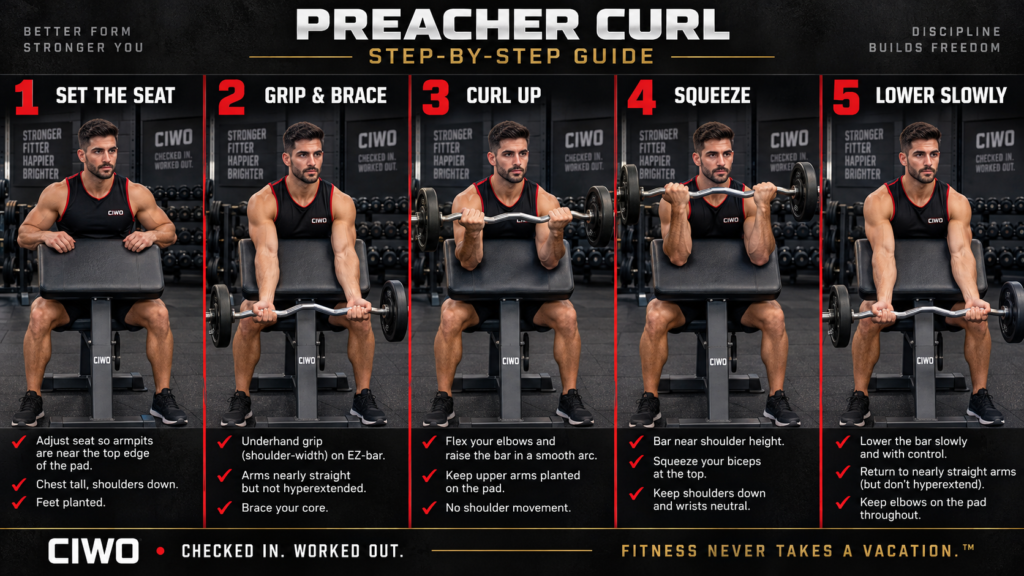 Five-step CIWO human guide demonstrating correct EZ-bar preacher curl setup, curl and controlled lowering technique
