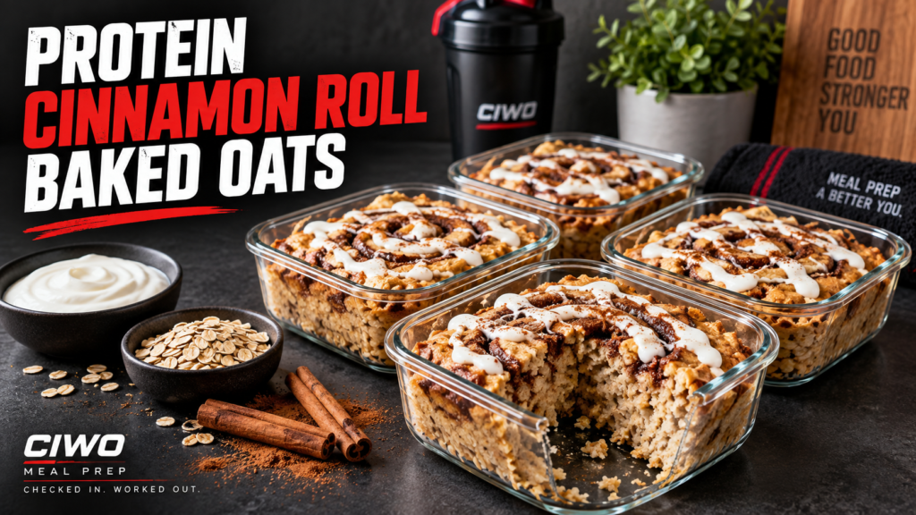 Four CIWO Protein Cinnamon Roll Baked Oats meal-prep portions with cinnamon swirls and Greek-yogurt icing