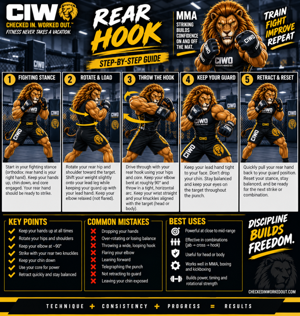 CIWO Rear Hook step-by-step MMA striking guide with RIPP demonstrating stance, rotation, hook, guard and reset