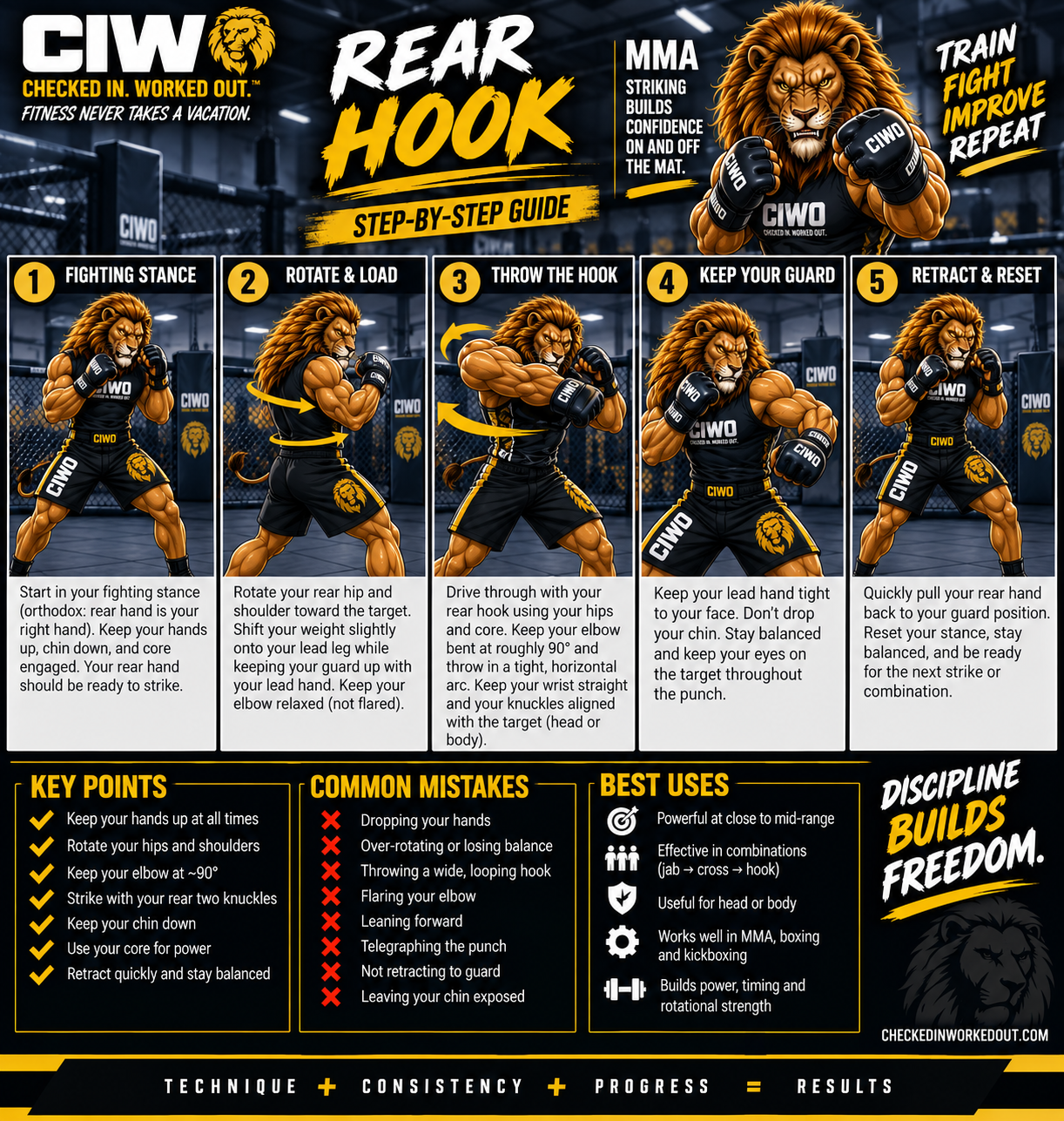 CIWO Rear Hook step-by-step MMA striking guide with RIPP demonstrating stance, rotation, hook, guard and reset