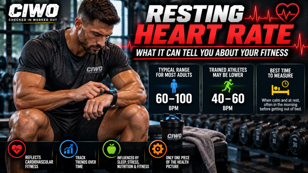 Male athlete seated in a gym checking his resting heart rate on a smartwatch