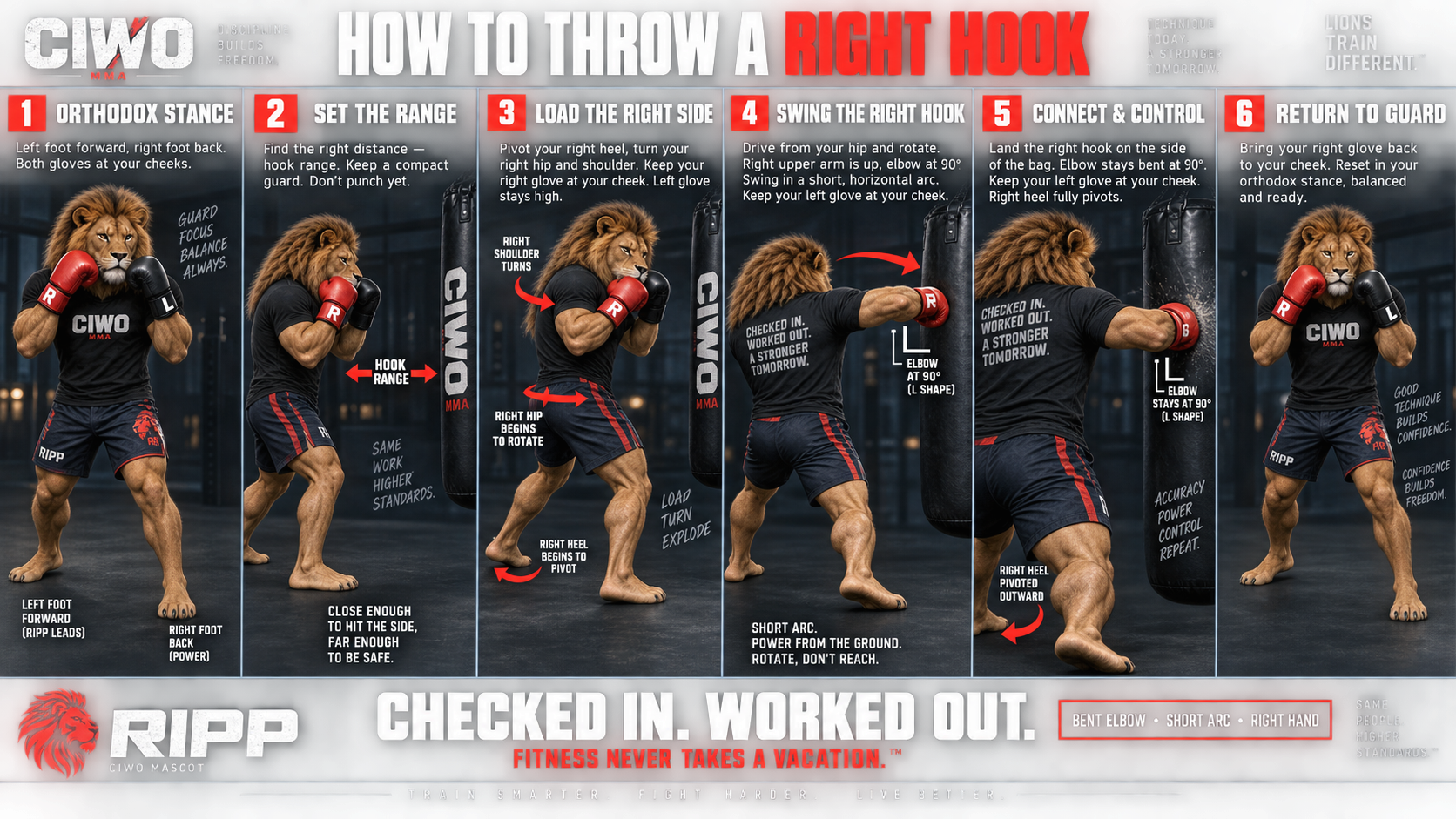 Six-step CIWO guide showing RIPP the Lion throwing a right hook from an orthodox stance
