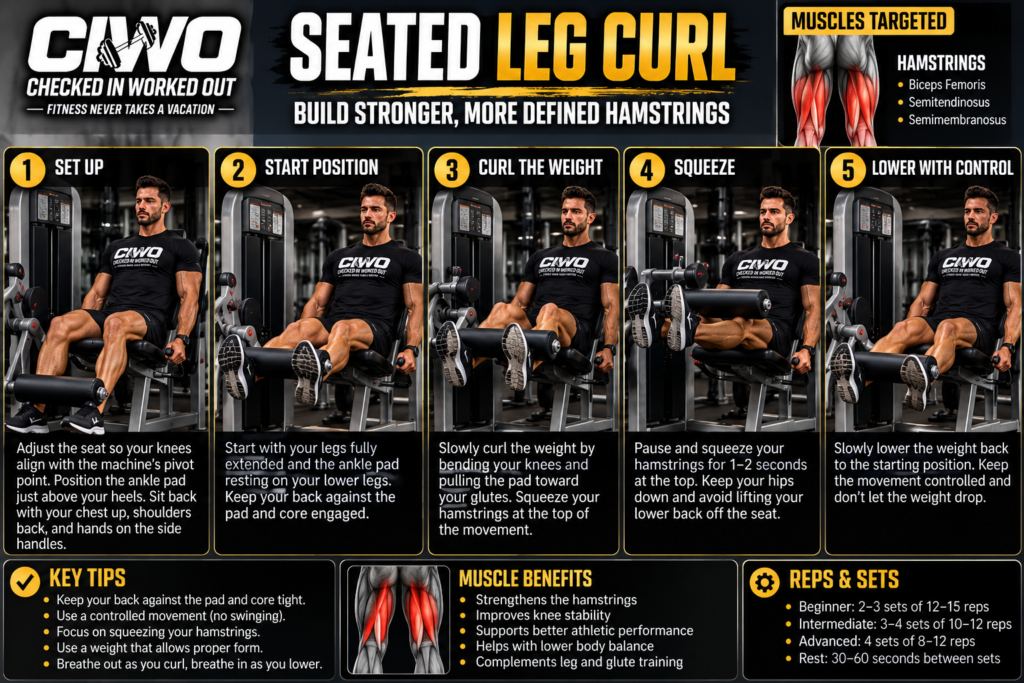 Human athlete demonstrating seated leg curl machine form in a CIWO step-by-step workout guide