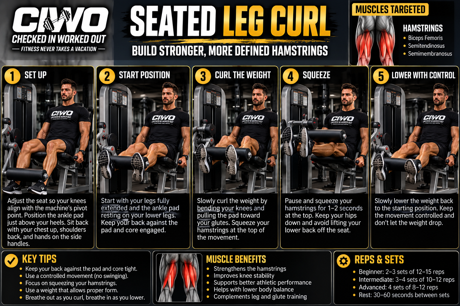 Human athlete demonstrating seated leg curl machine form in a CIWO step-by-step workout guide