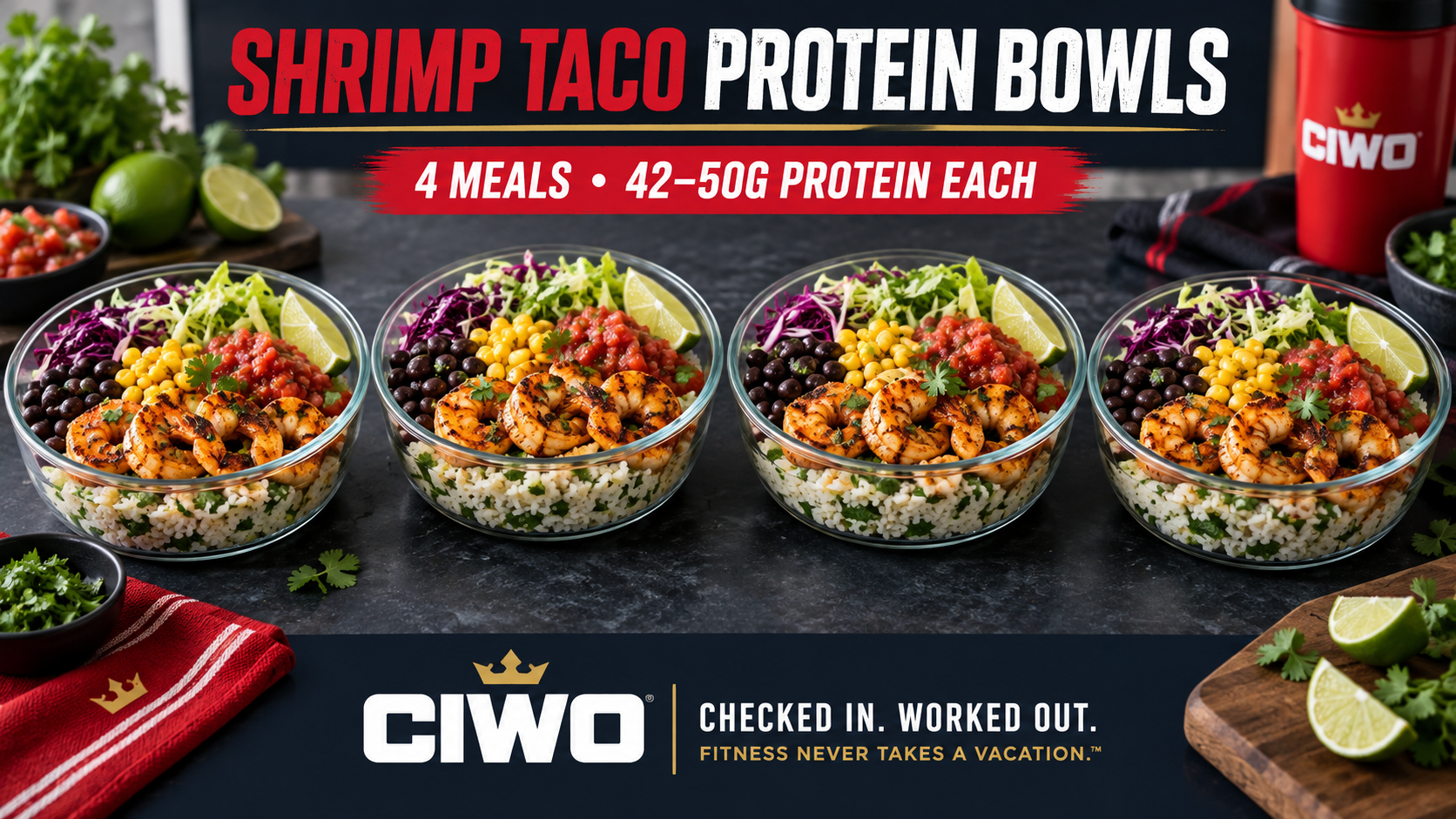 Four CIWO Shrimp Taco Protein Bowls with cilantro-lime rice, black beans, corn, cabbage and salsa
