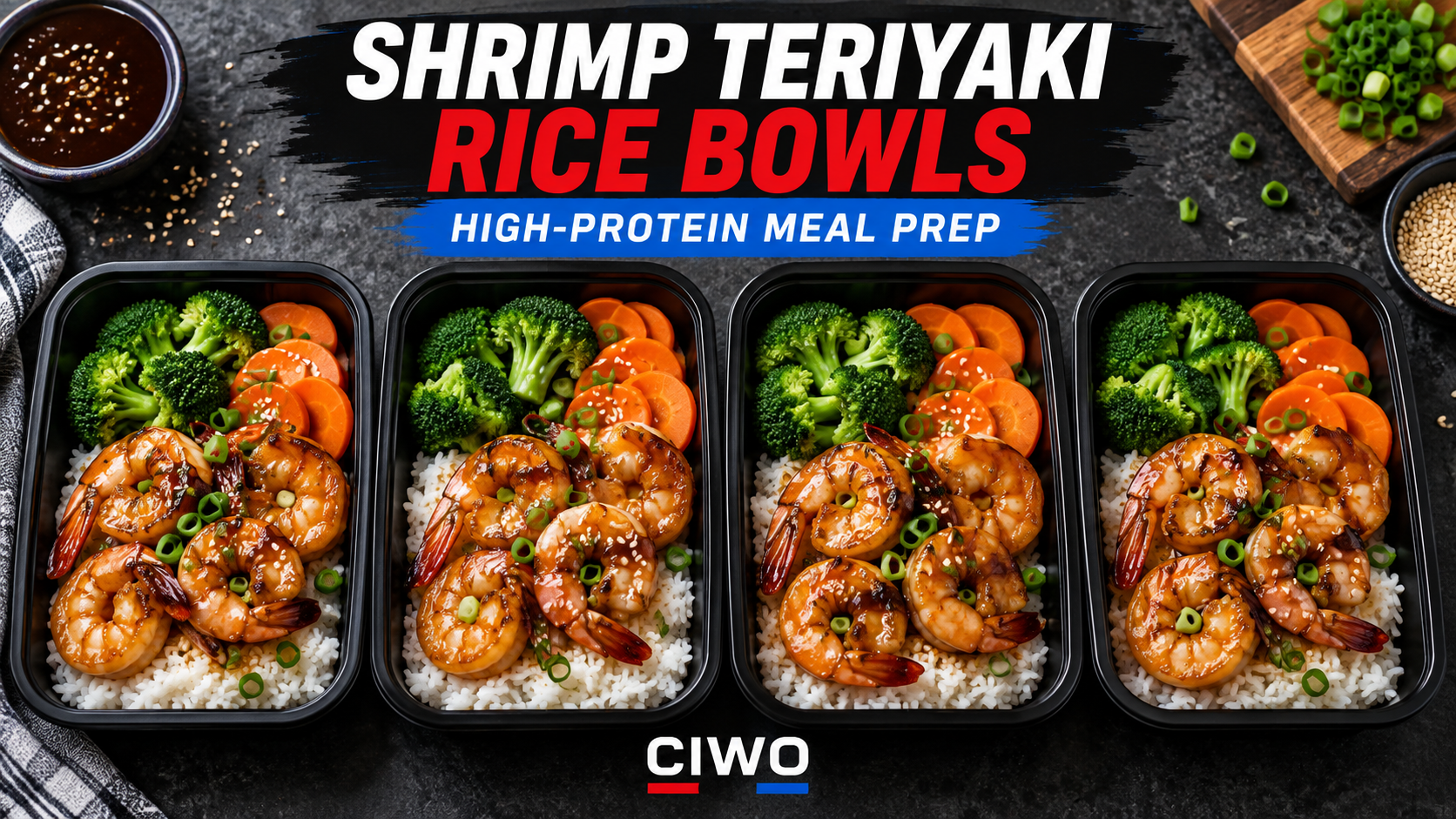 Four CIWO Shrimp Teriyaki Rice Bowls with jasmine rice, broccoli and carrots