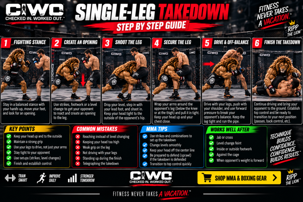 Single-leg takedown step-by-step MMA wrestling guide with RIPP the Lion