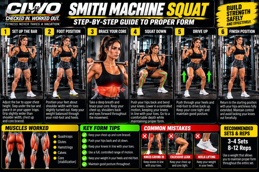 Female athlete demonstrating six steps of proper Smith machine squat form