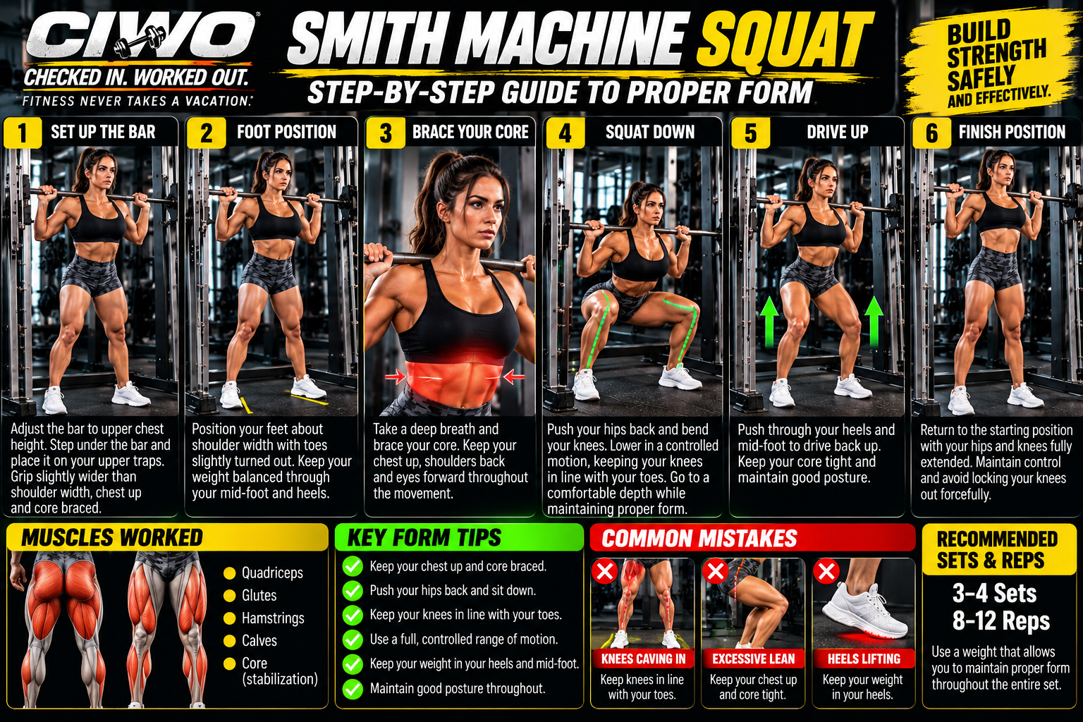 Female athlete demonstrating six steps of proper Smith machine squat form