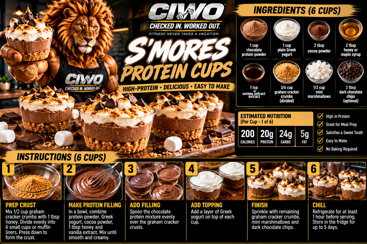 CIWO S’mores Protein Cups with chocolate protein filling, Greek yogurt, graham cracker and marshmallow-inspired topping