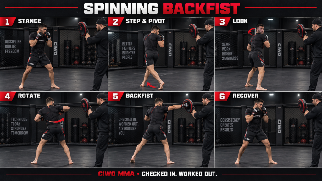 Six-step CIWO MMA instructional guide showing a human athlete performing a spinning backfist on a focus mitt
