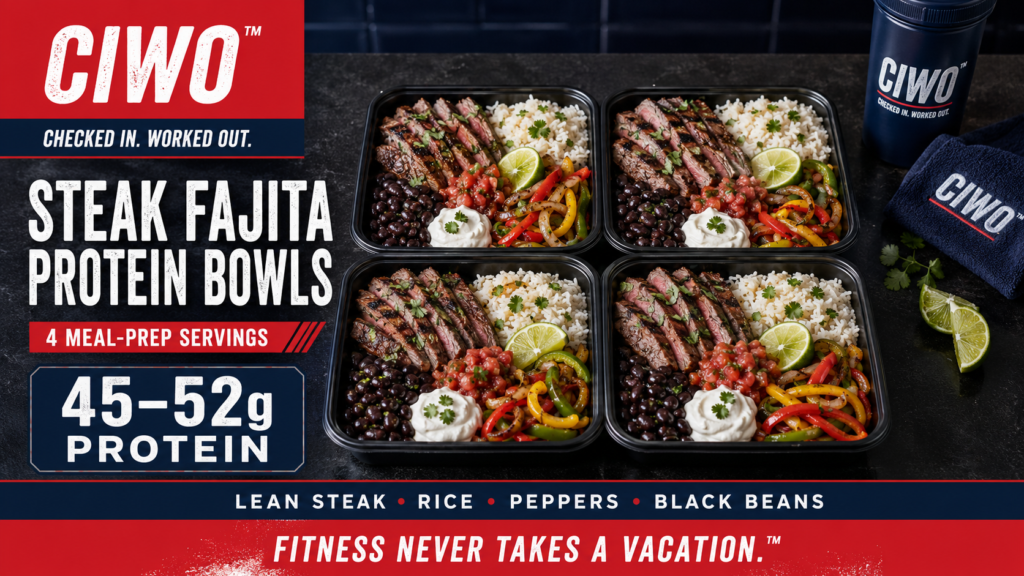 Four CIWO Steak Fajita Protein Bowls with lean steak rice peppers onions black beans salsa and Greek yogurt