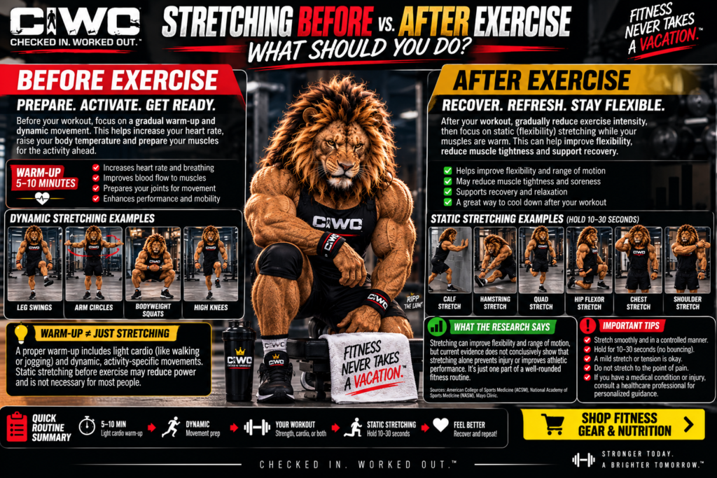 Stretching before vs after exercise CIWO guide comparing dynamic warm-up and static stretching