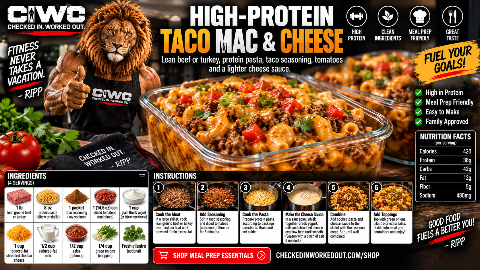 CIWO High-Protein Taco Mac and Cheese meal prep with lean ground meat, protein pasta, tomatoes and creamy cheese sauce