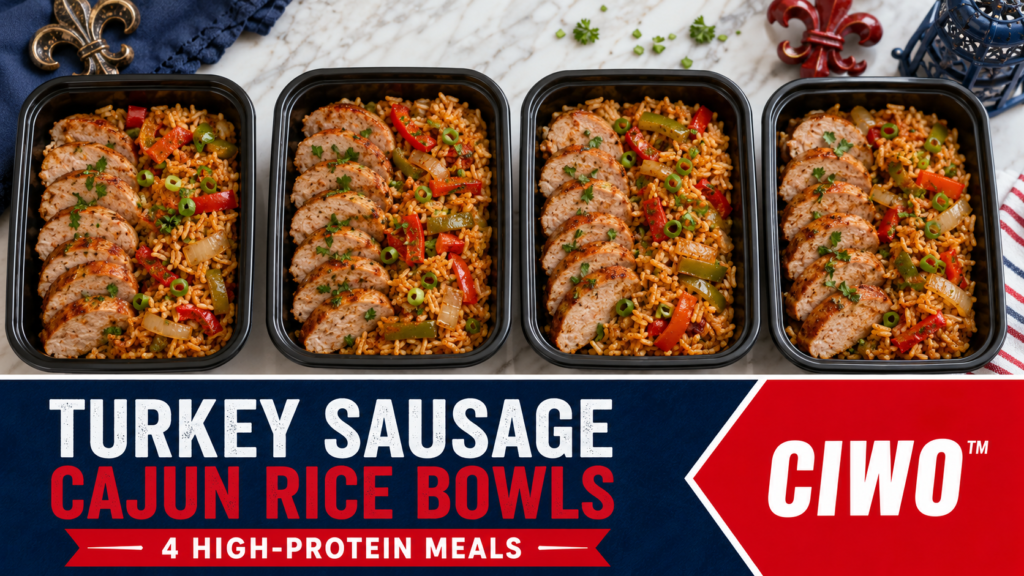 Four CIWO Turkey Sausage Cajun Rice Bowls with peppers and onions