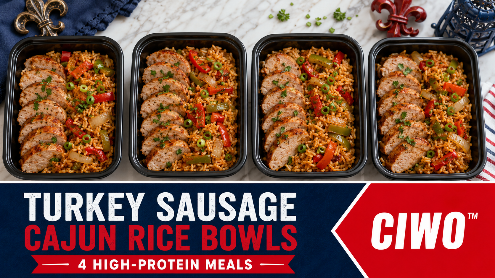 Four CIWO Turkey Sausage Cajun Rice Bowls with peppers and onions