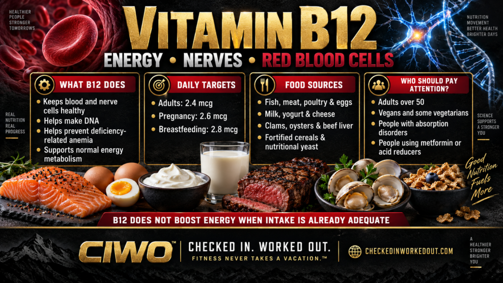 CIWO vitamin B12 guide covering energy metabolism, nerves, red blood cells, daily intake, food sources and deficiency risks