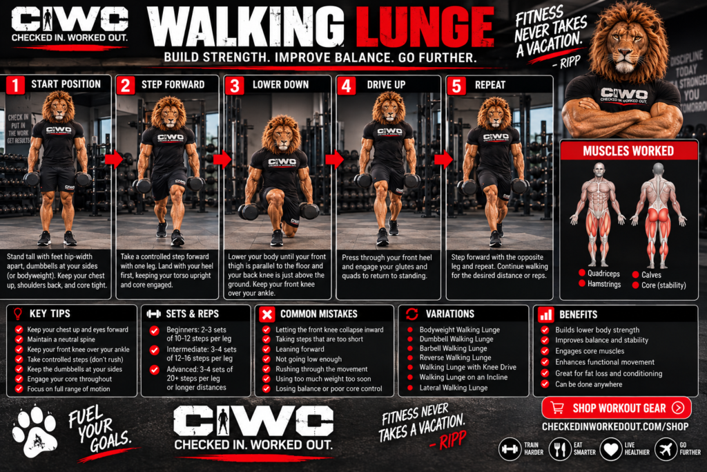 RIPP the Lion demonstrates five walking lunge stages: start, step forward, lower, drive up, and repeat