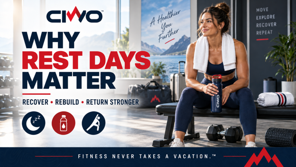 CIWO athlete recovering on a gym bench with hydration, mobility and sleep symbols