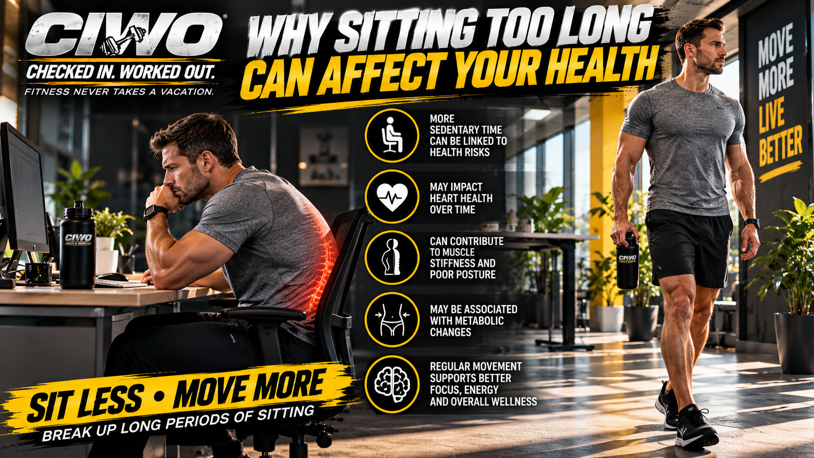 Human athlete illustrating prolonged sitting versus getting up and moving during the day