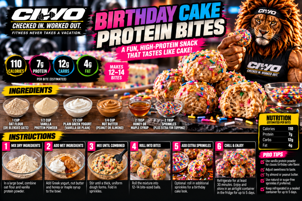 CIWO branded Birthday Cake Protein Bites infographic with RIPP the Lion, ingredients and recipe steps
