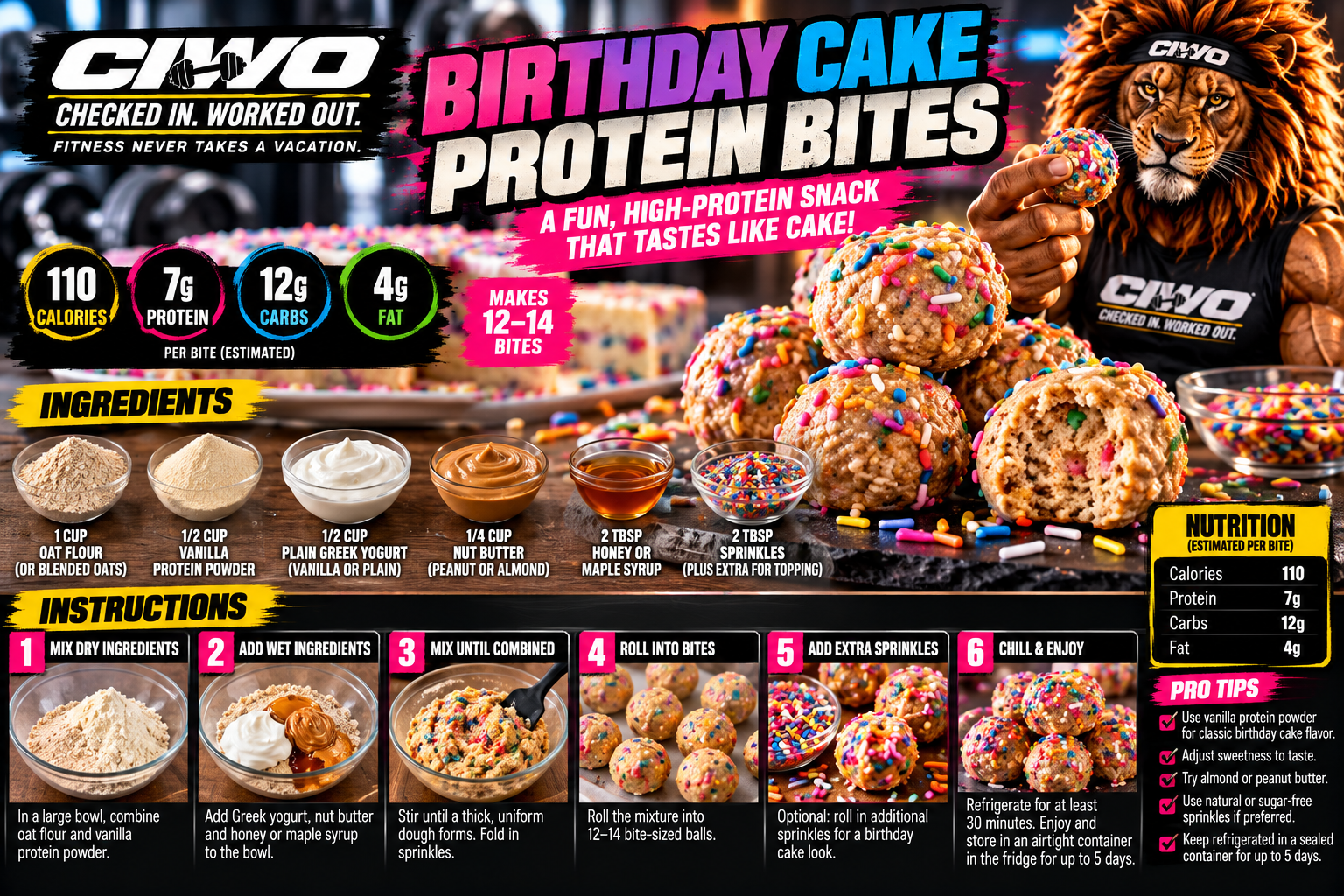 CIWO branded Birthday Cake Protein Bites infographic with RIPP the Lion, ingredients and recipe steps
