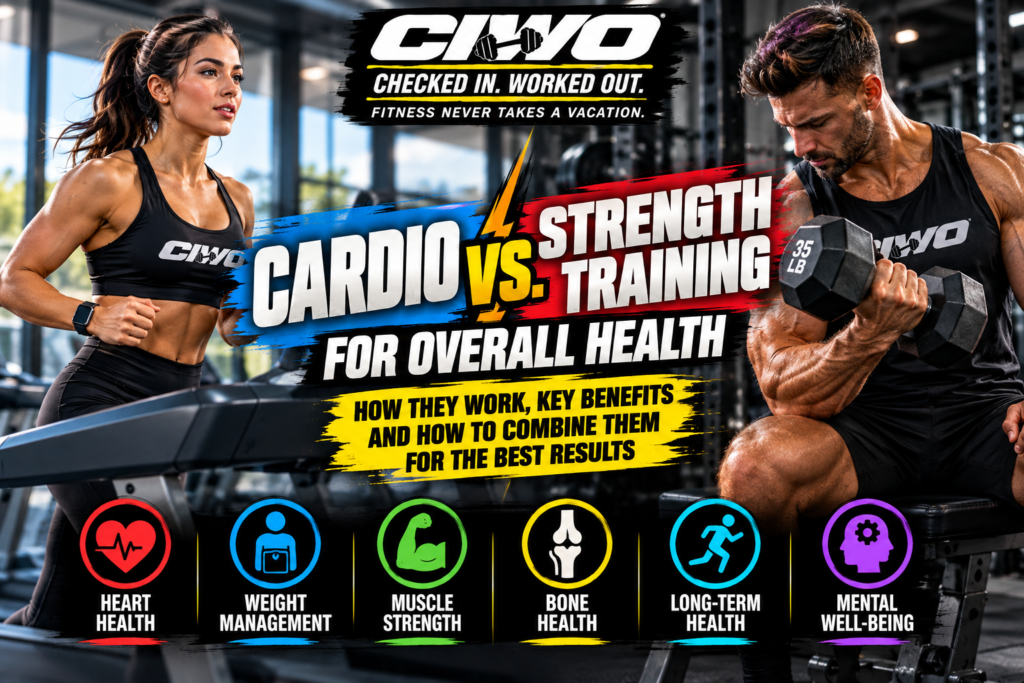 CIWO-branded cardio versus strength training image with human runner and dumbbell lifter
