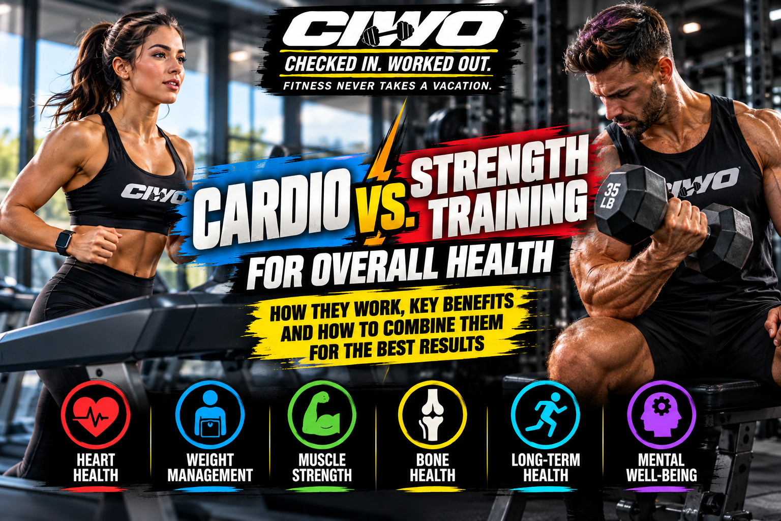 CIWO-branded cardio versus strength training image with human runner and dumbbell lifter