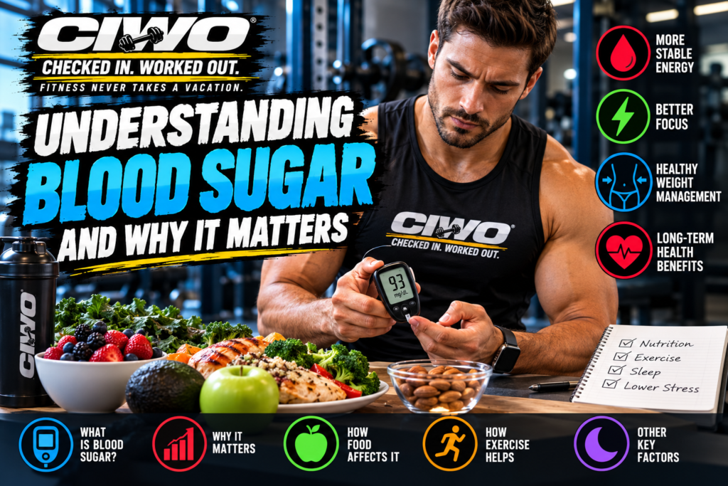 CIWO Understanding Blood Sugar and Why It Matters health infographic featuring a human athlete checking a glucose meter
