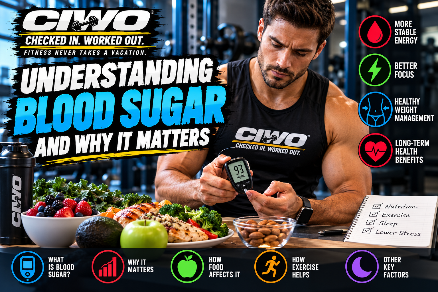 CIWO Understanding Blood Sugar and Why It Matters health infographic featuring a human athlete checking a glucose meter