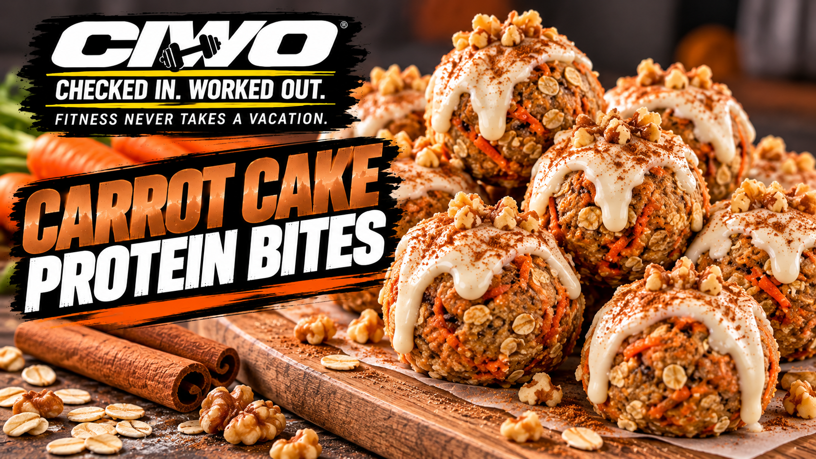 CIWO branded horizontal food photograph of carrot cake protein bites with Greek yogurt cream cheese style drizzle, oats, carrot and cinnamon