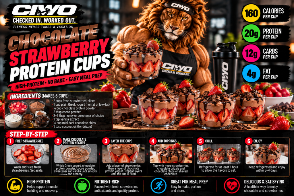 CIWO Chocolate Strawberry Protein Cups with fresh strawberries, chocolate protein yogurt and chocolate drizzle