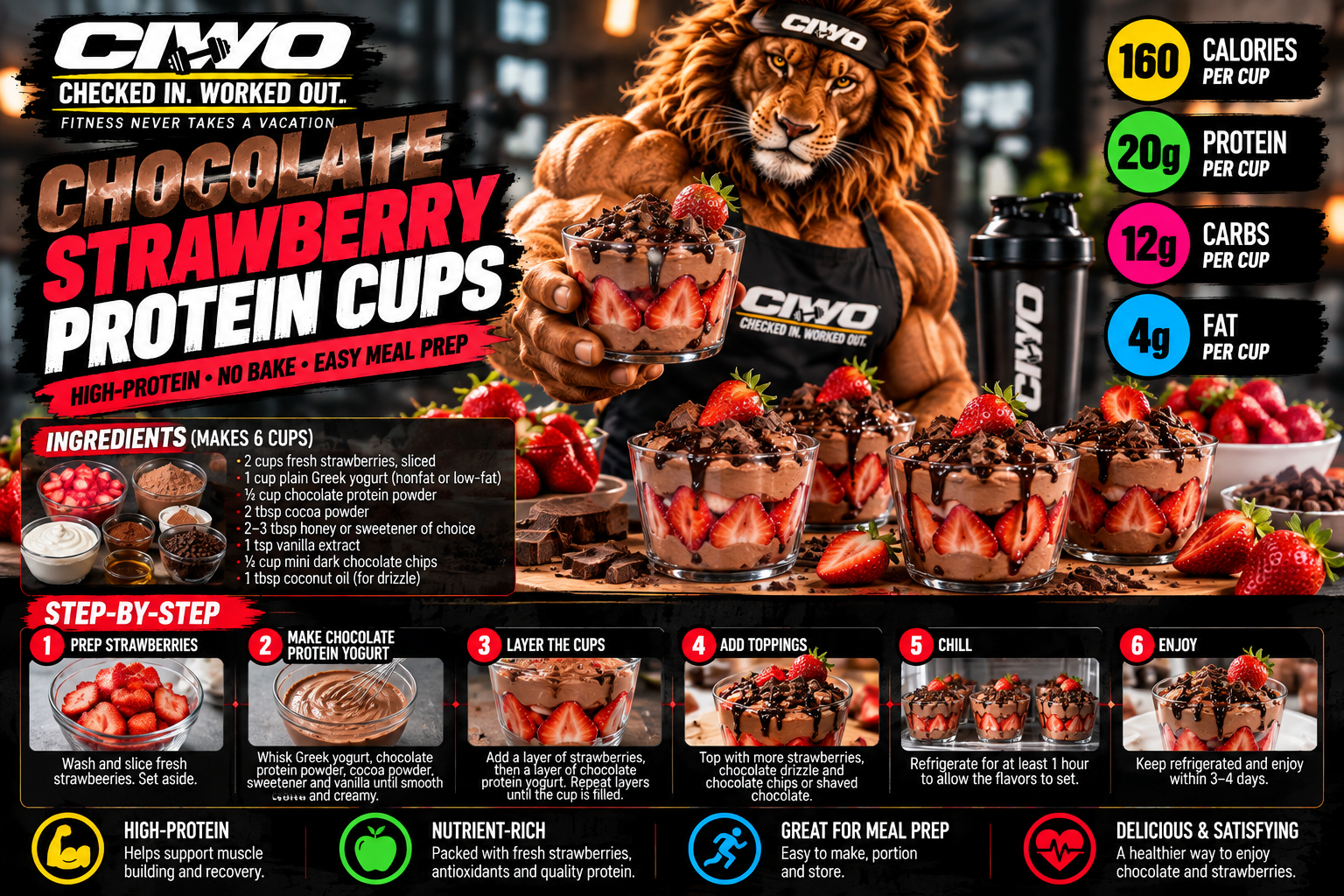 CIWO Chocolate Strawberry Protein Cups with fresh strawberries, chocolate protein yogurt and chocolate drizzle
