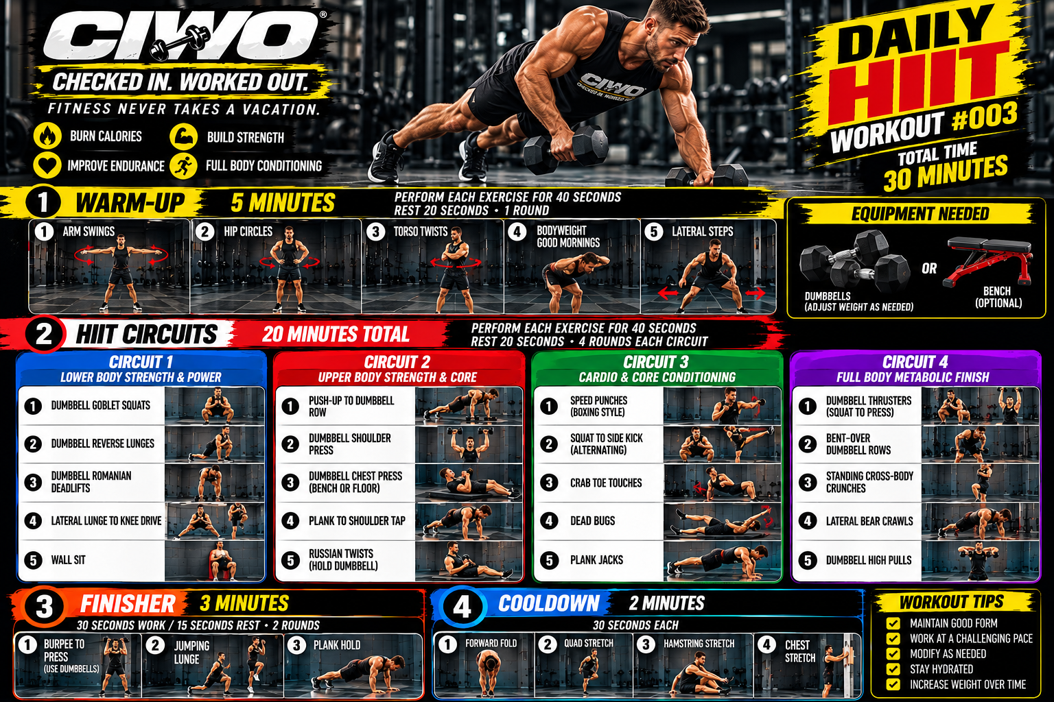 Daily HIIT Workout #003: Dumbbell + Bodyweight Strength & Conditioning