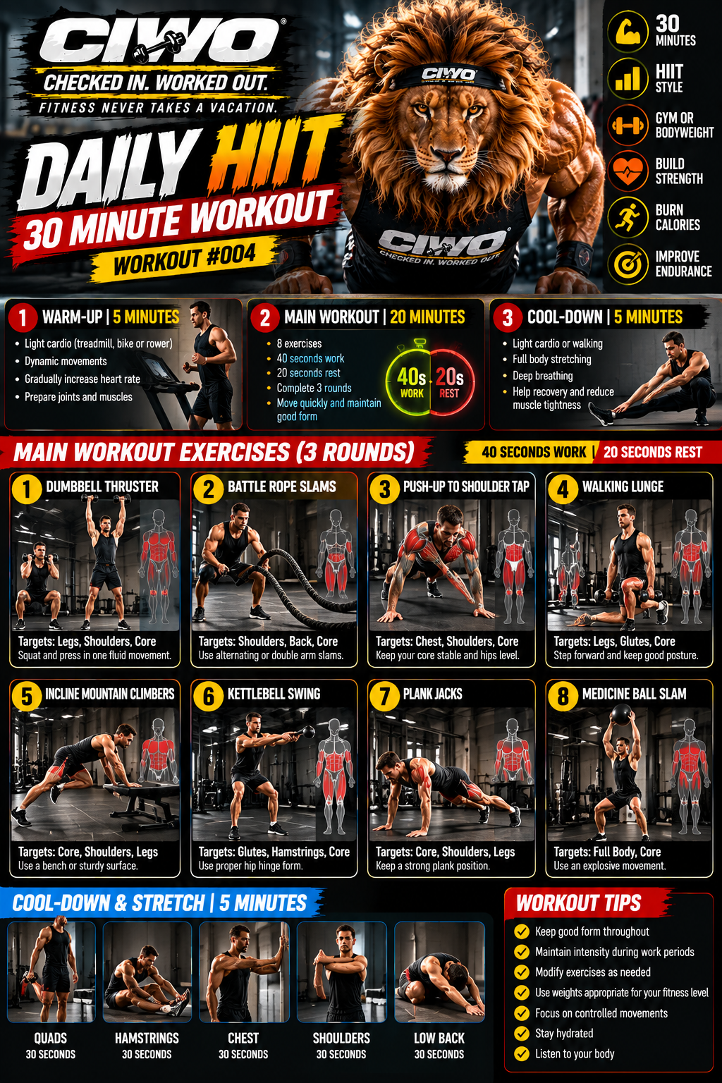 CIWO Daily HIIT Workout 004 30-minute gym and bodyweight exercise guide