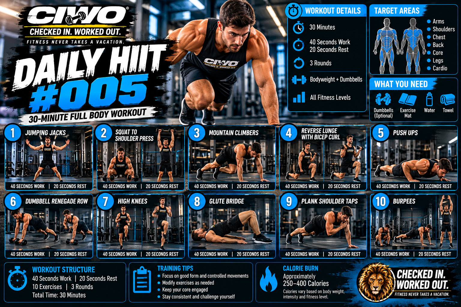 CIWO Daily HIIT Workout 005 human athlete 30-minute full-body step-by-step exercise guide