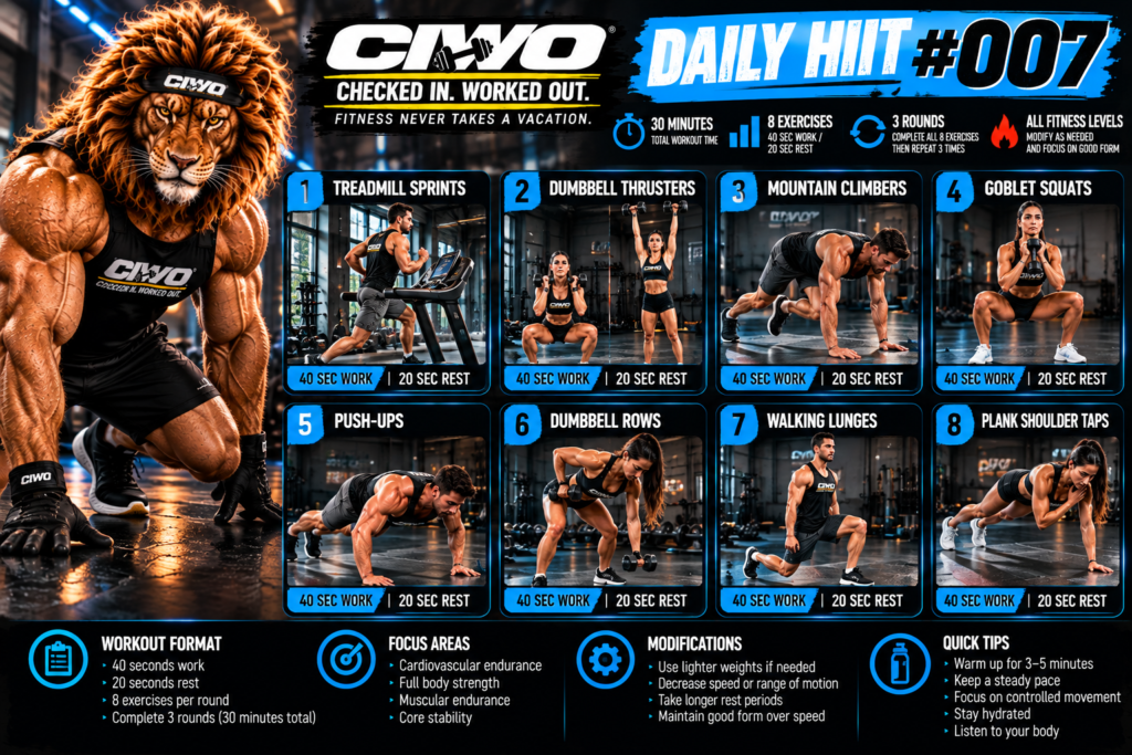 CIWO Daily HIIT Workout 007 high resolution guide combining cardio dumbbell and bodyweight exercises