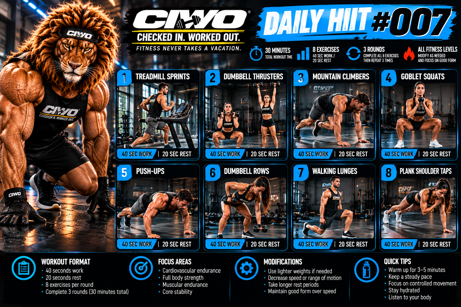 CIWO Daily HIIT Workout 007 high resolution guide combining cardio dumbbell and bodyweight exercises
